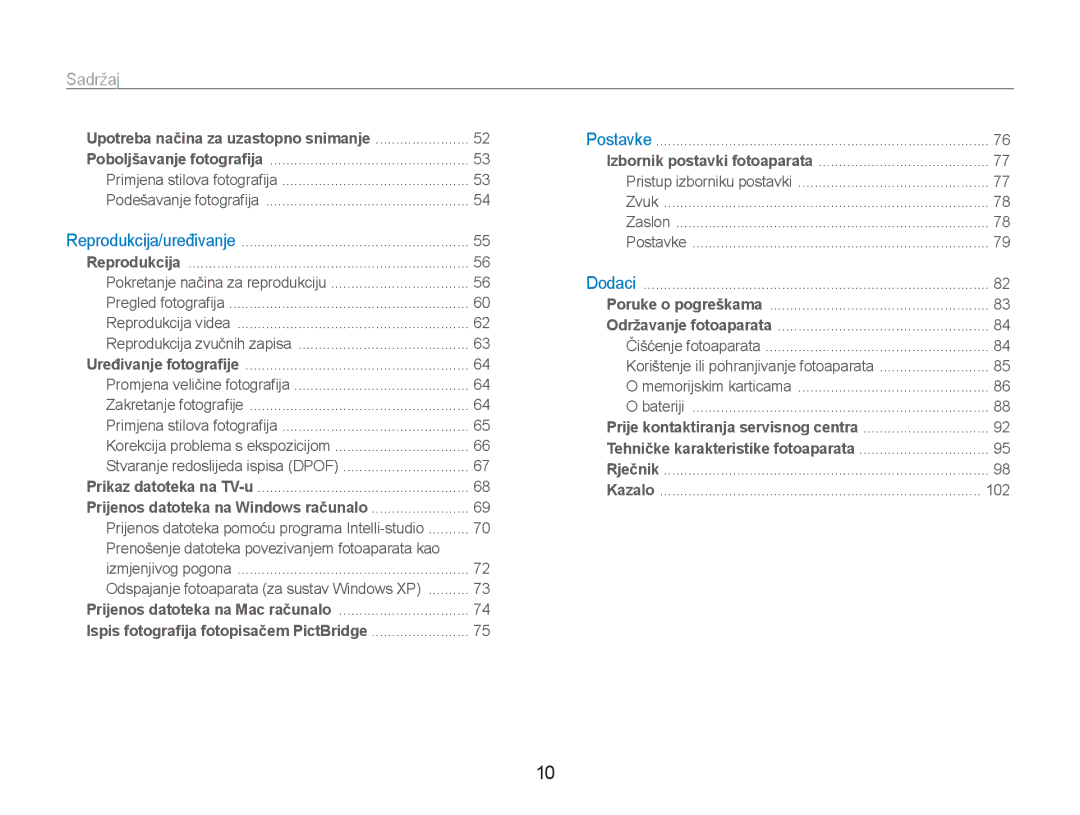 Samsung EC-ES90ZZBPSE3, EC-ES90ZZBPBE3 manual Sadržaj﻿, Upotreba načina za uzastopno snimanje 