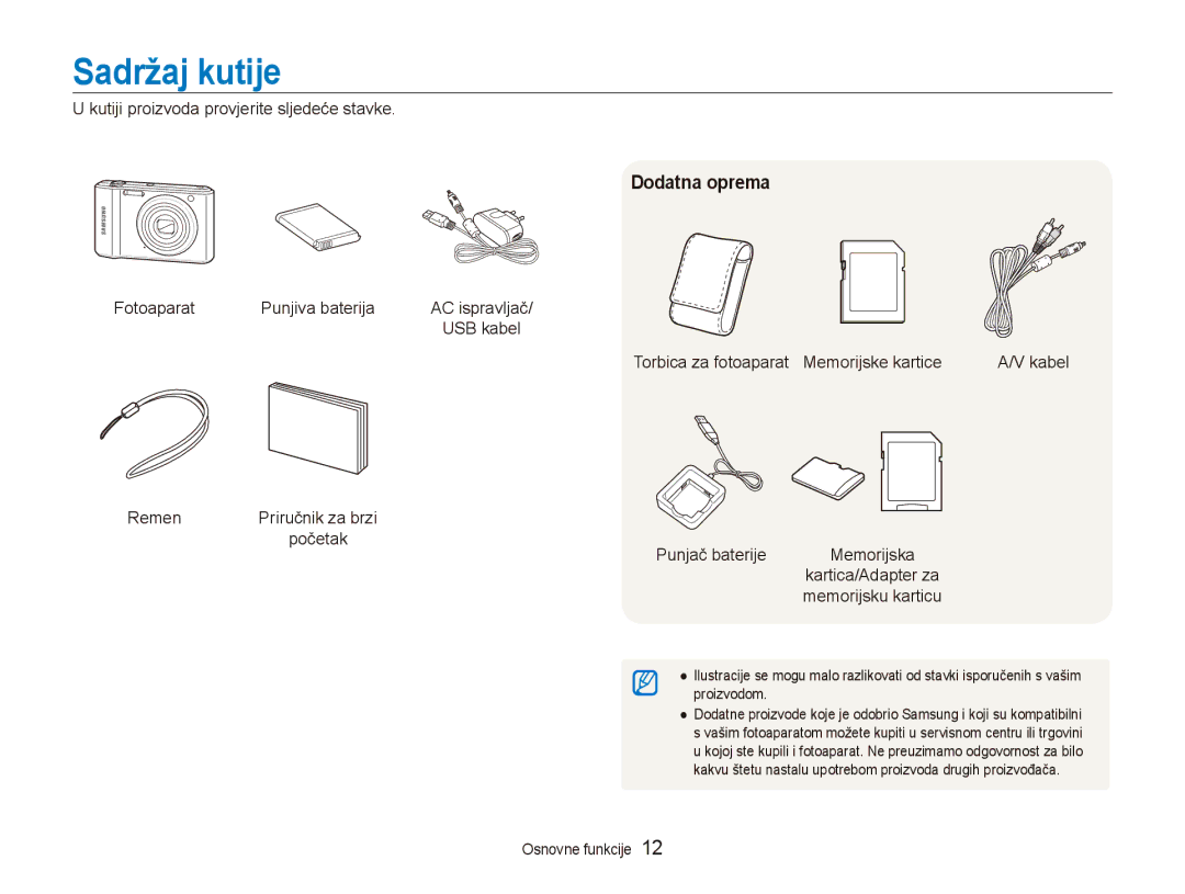 Samsung EC-ES90ZZBPSE3, EC-ES90ZZBPBE3 manual Sadržaj kutije, Dodatna oprema 