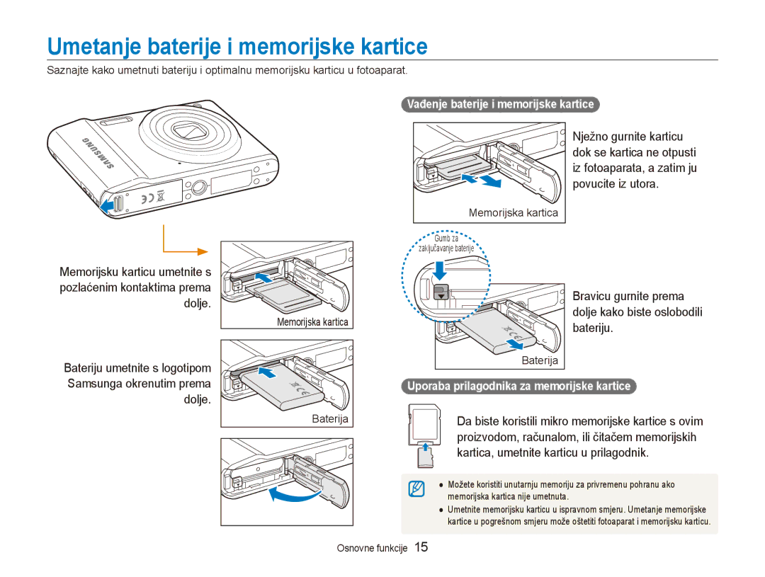 Samsung EC-ES90ZZBPBE3 Umetanje baterije i memorijske kartice, Bravicu gurnite prema dolje kako biste oslobodili bateriju 