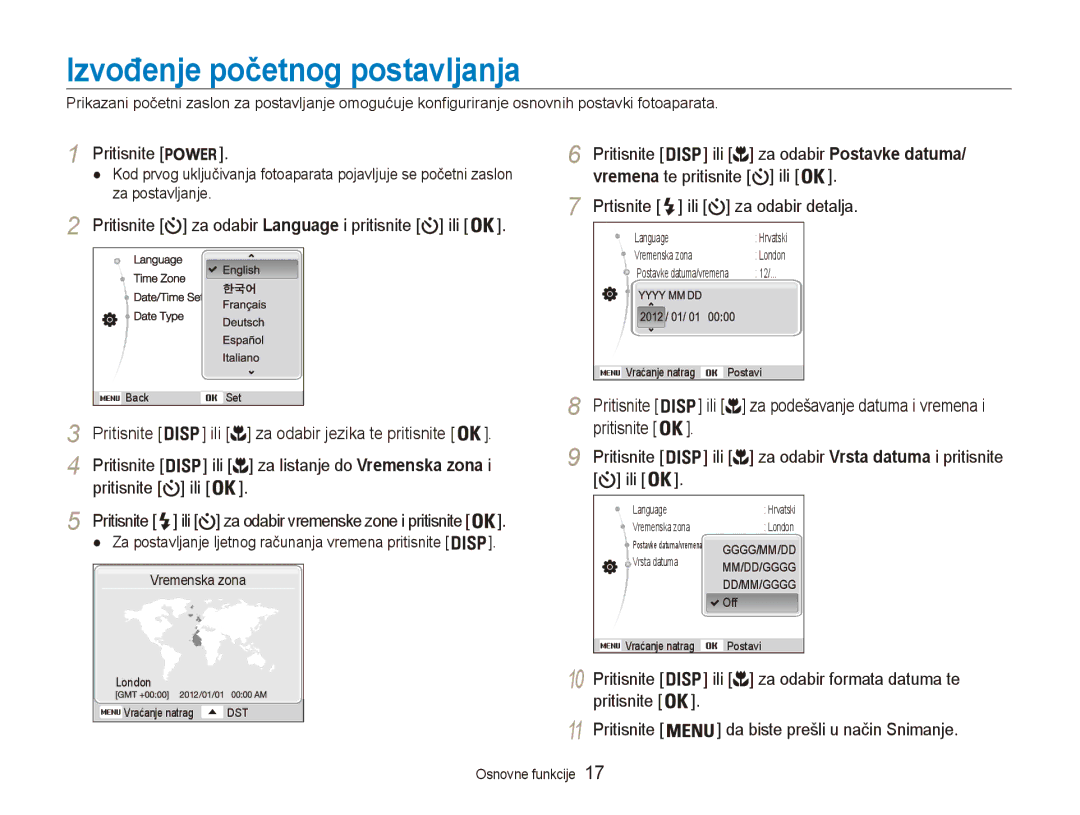 Samsung EC-ES90ZZBPBE3, EC-ES90ZZBPSE3 manual Izvođenje početnog postavljanja 