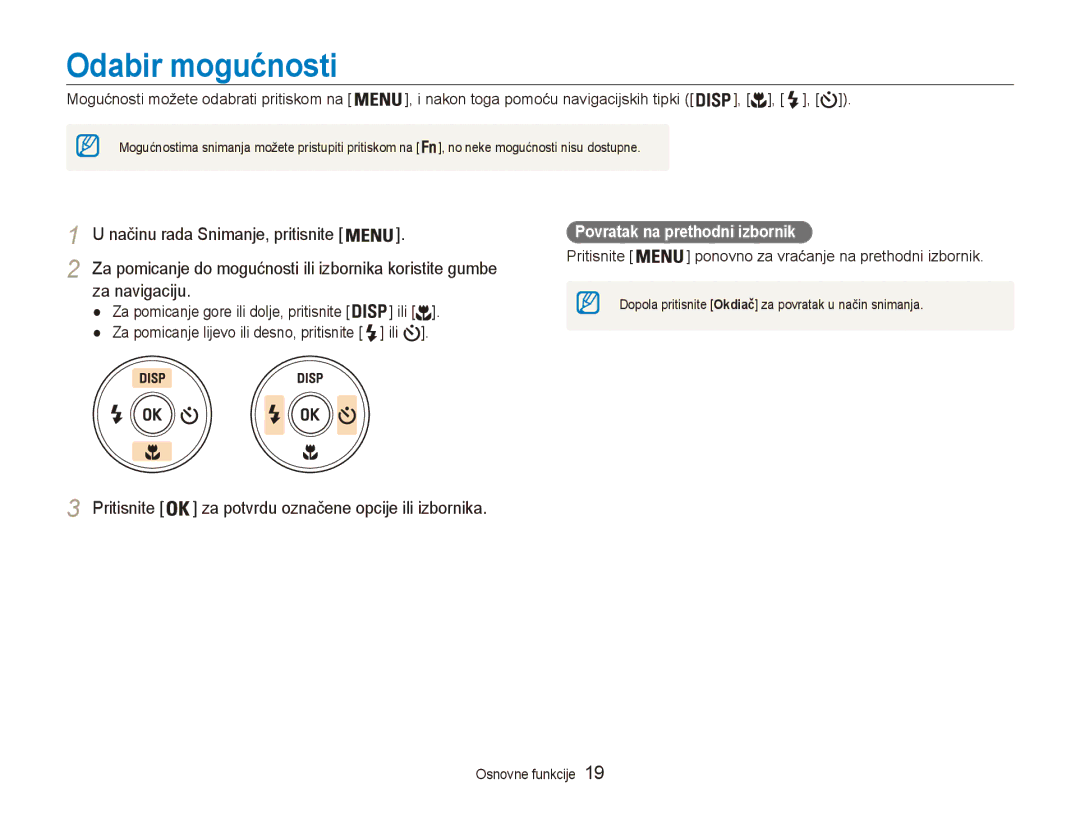 Samsung EC-ES90ZZBPBE3, EC-ES90ZZBPSE3 manual Odabir mogućnosti, Za navigaciju, Povratak na prethodni izbornik 