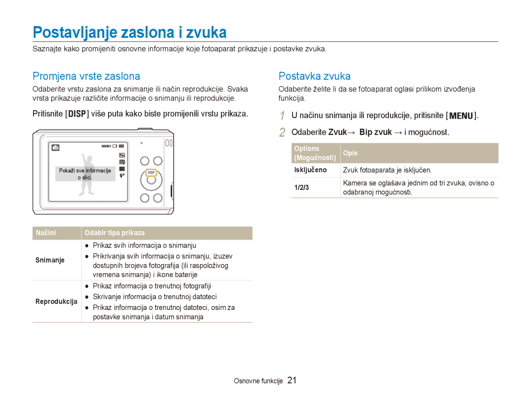 Samsung EC-ES90ZZBPBE3, EC-ES90ZZBPSE3 manual Postavljanje zaslona i zvuka, Promjena vrste zaslona, Postavka zvuka 