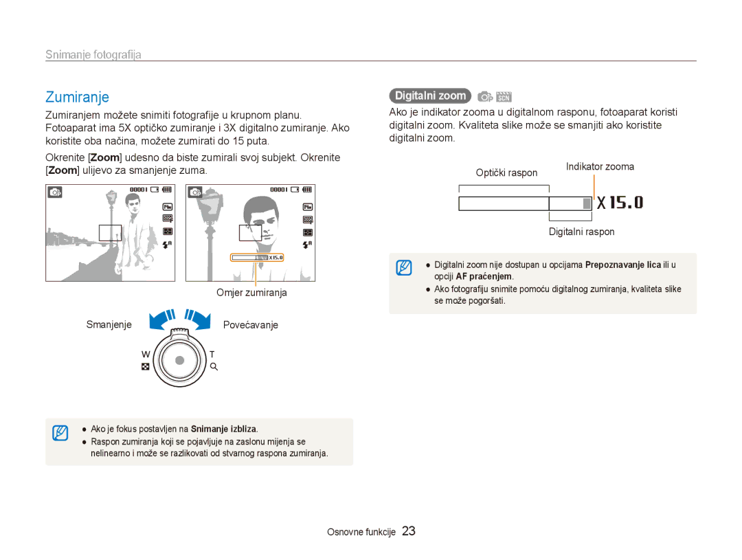 Samsung EC-ES90ZZBPBE3, EC-ES90ZZBPSE3 manual Zumiranje, Snimanje fotografija, Digitalni zoom, Digitalni raspon 