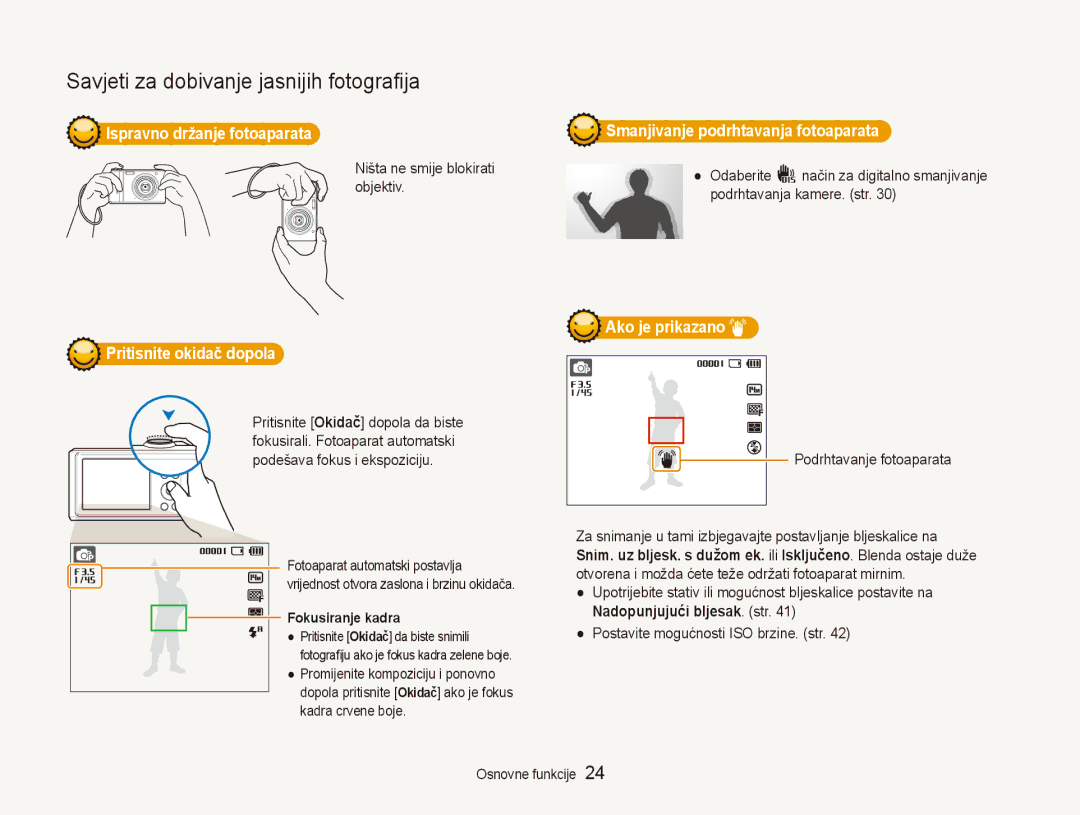 Samsung EC-ES90ZZBPSE3 manual Ispravno držanje fotoaparata, Smanjivanje podrhtavanja fotoaparata, Pritisnite okidač dopola 