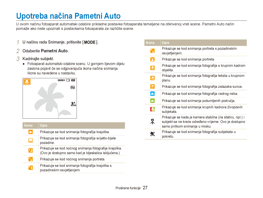 Samsung EC-ES90ZZBPBE3, EC-ES90ZZBPSE3 manual Upotreba načina Pametni Auto, Kadrirajte subjekt 