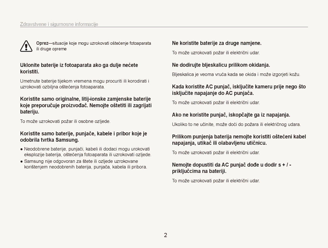 Samsung EC-ES90ZZBPSE3, EC-ES90ZZBPBE3 manual Zdravstvene i sigurnosne informacije, Ne koristite baterije za druge namjene 