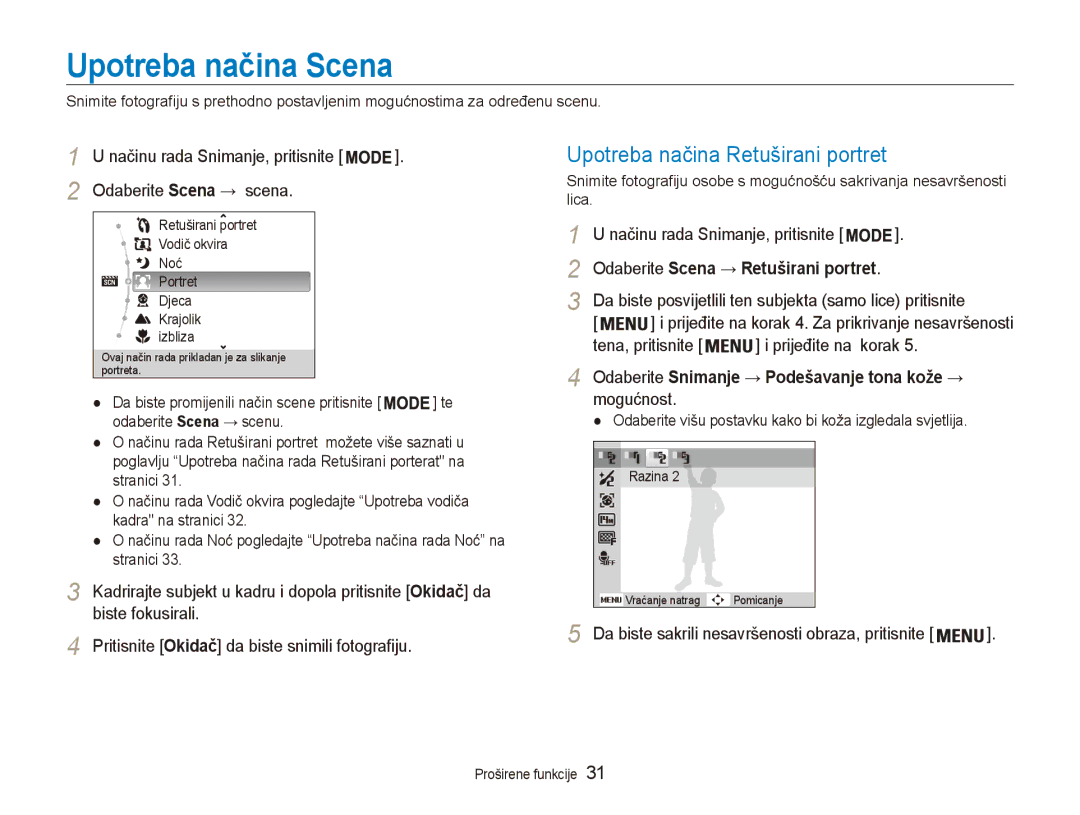 Samsung EC-ES90ZZBPBE3, EC-ES90ZZBPSE3 manual Upotreba načina Scena, Upotreba načina Retuširani portret 