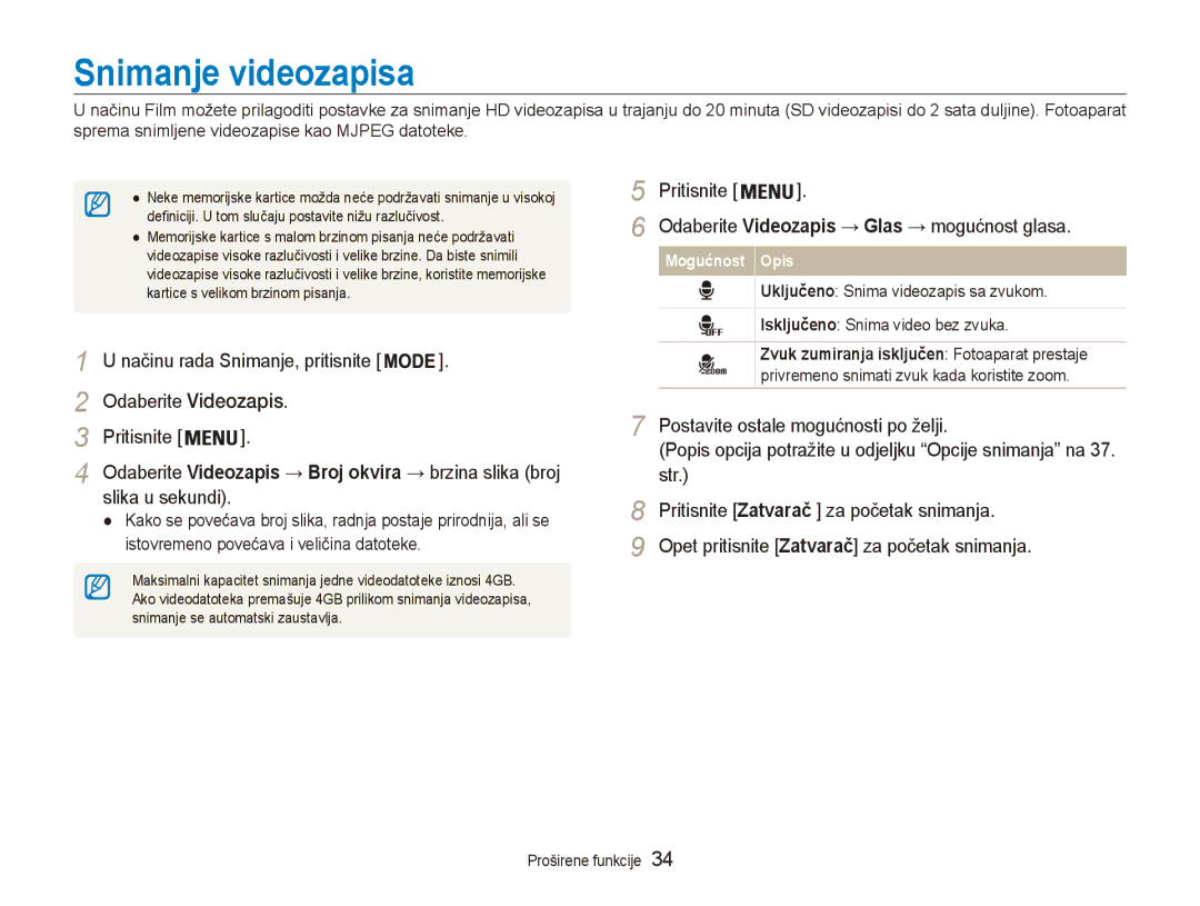 Samsung EC-ES90ZZBPSE3 manual Snimanje videozapisa, Odaberite Videozapis Pritisnite, Postavite ostale mogućnosti po želji 