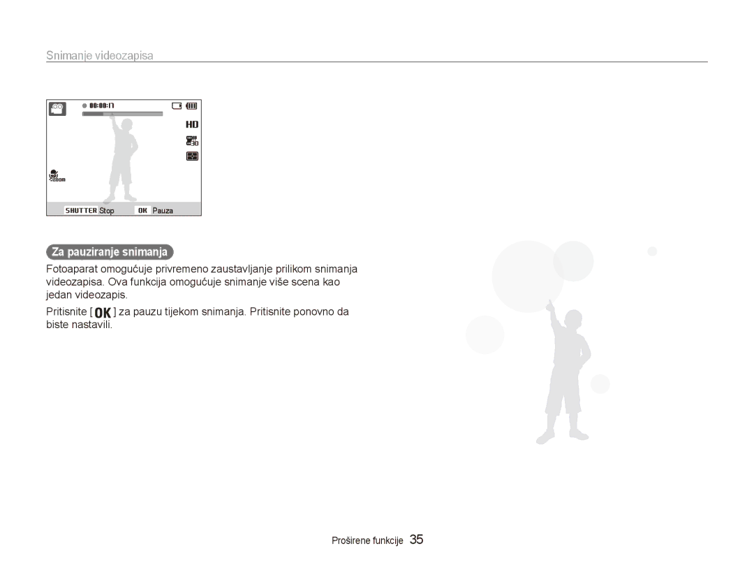 Samsung EC-ES90ZZBPBE3, EC-ES90ZZBPSE3 manual Snimanje videozapisa, Za pauziranje snimanja 