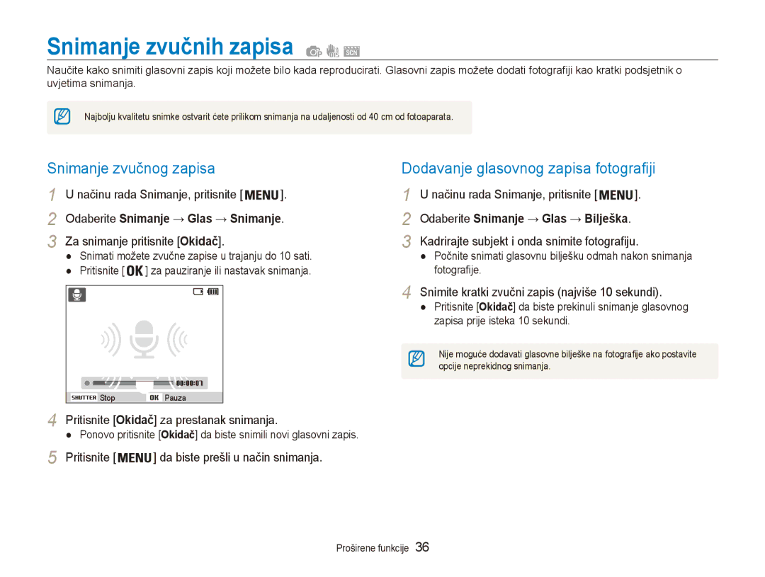 Samsung EC-ES90ZZBPSE3 manual Snimanje zvučnih zapisa, Snimanje zvučnog zapisa, Dodavanje glasovnog zapisa fotografiji 