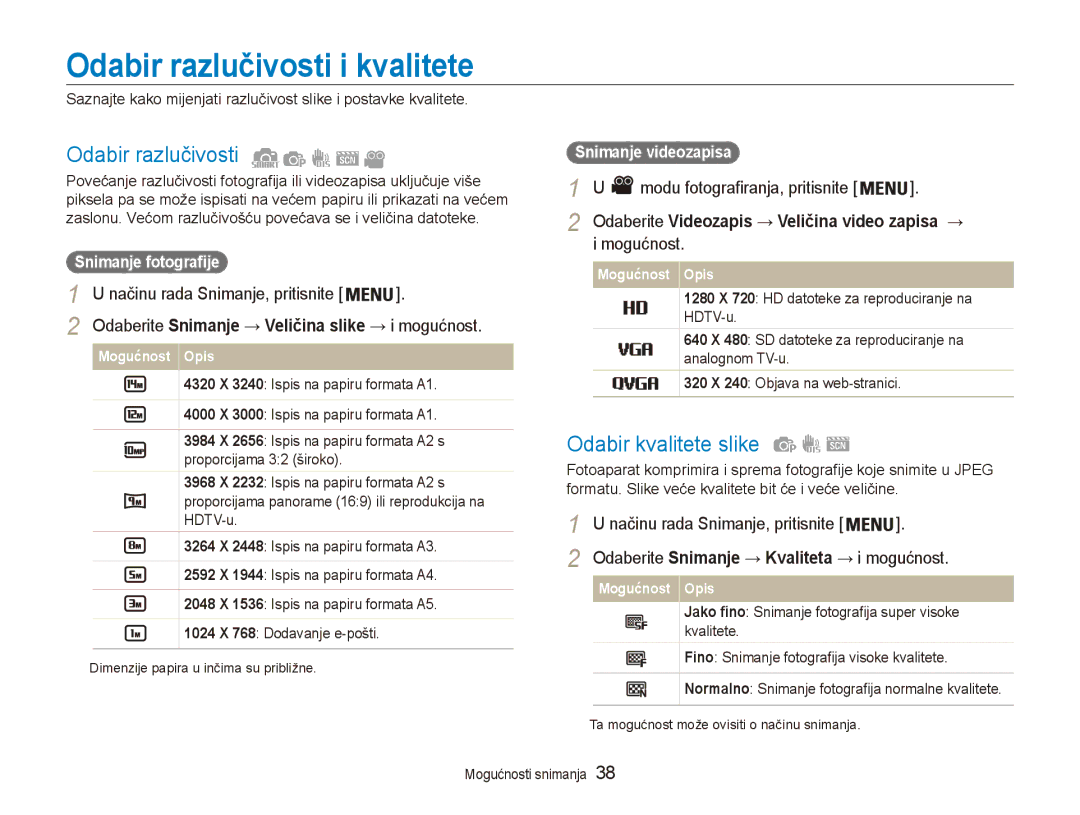 Samsung EC-ES90ZZBPSE3, EC-ES90ZZBPBE3 manual Odabir razlučivosti i kvalitete, Odabir kvalitete slike 