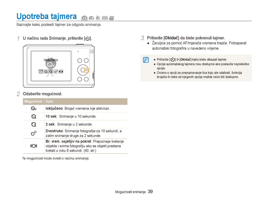 Samsung EC-ES90ZZBPBE3, EC-ES90ZZBPSE3 manual Upotreba tajmera, Pritisnite Okidač da biste pokrenuli tajmer 