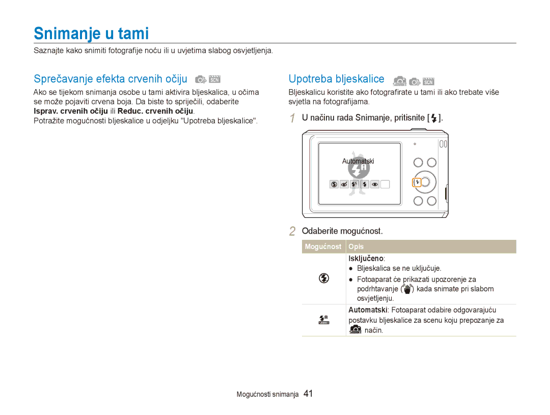 Samsung EC-ES90ZZBPBE3 manual Snimanje u tami, Sprečavanje efekta crvenih očiju, Upotreba bljeskalice, Isključeno, Način 