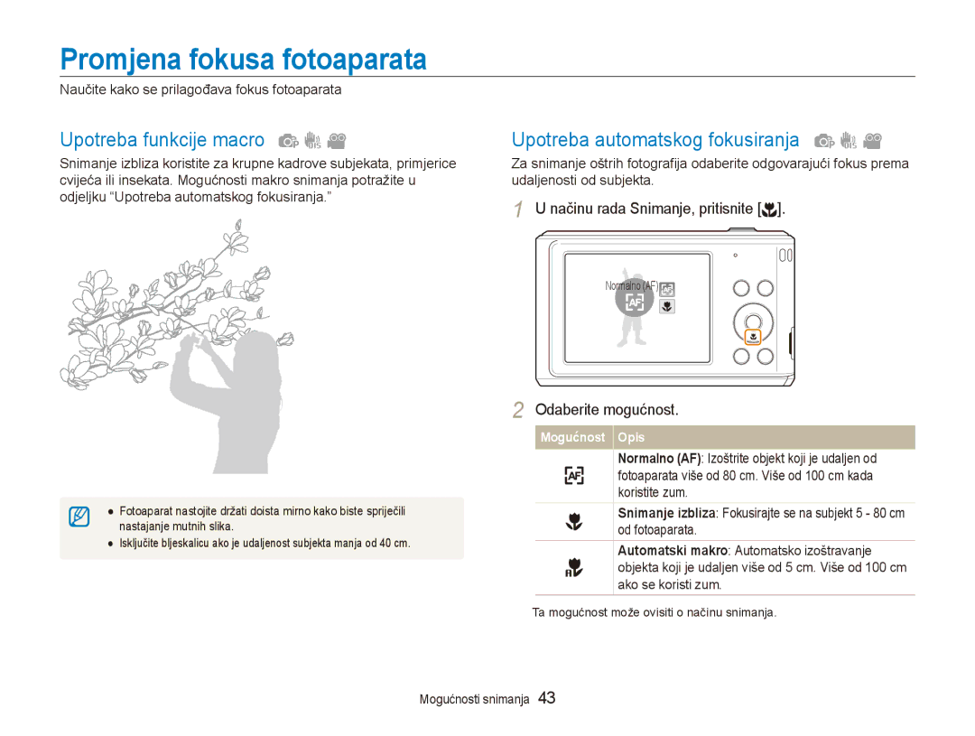 Samsung EC-ES90ZZBPBE3 manual Promjena fokusa fotoaparata, Upotreba funkcije macro, Upotreba automatskog fokusiranja 