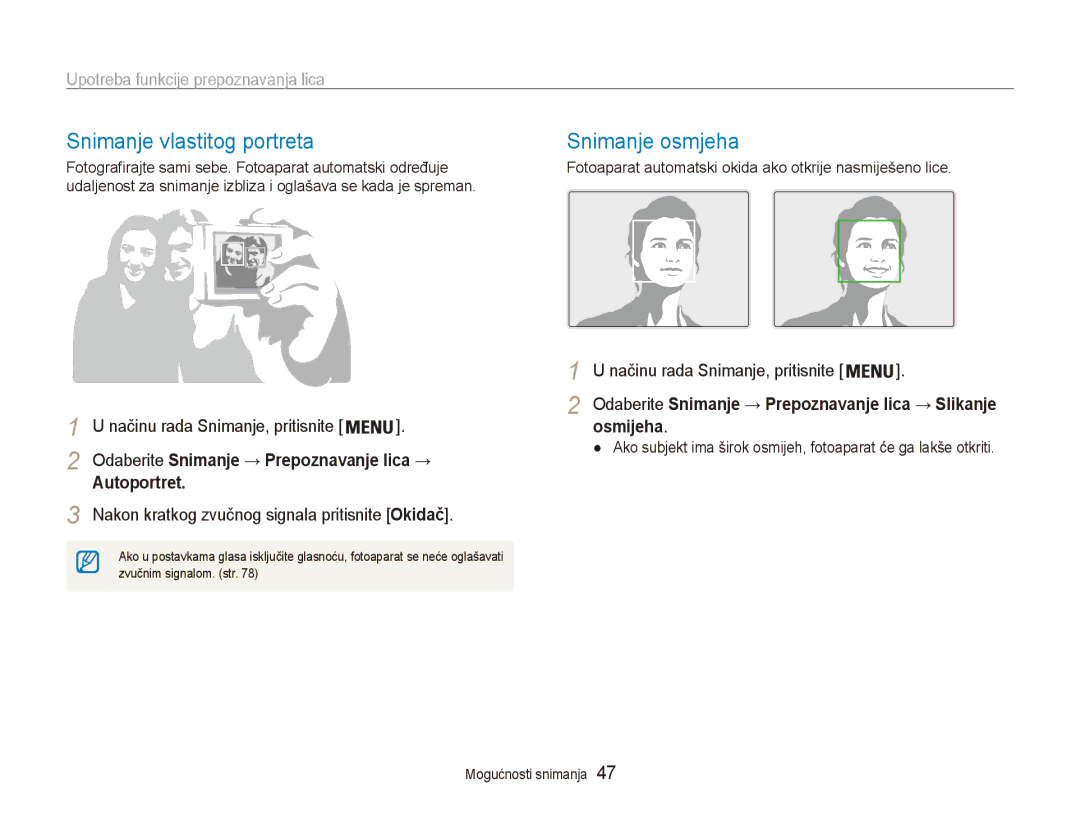 Samsung EC-ES90ZZBPBE3 Snimanje vlastitog portreta, Snimanje osmjeha, Upotreba funkcije prepoznavanja lica, Autoportret 