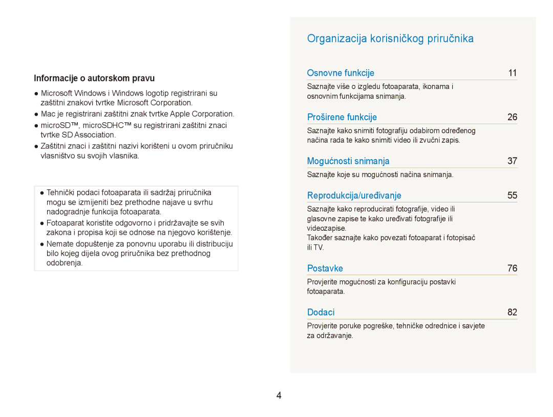 Samsung EC-ES90ZZBPSE3, EC-ES90ZZBPBE3 manual Organizacija korisničkog priručnika, Informacije o autorskom pravu 