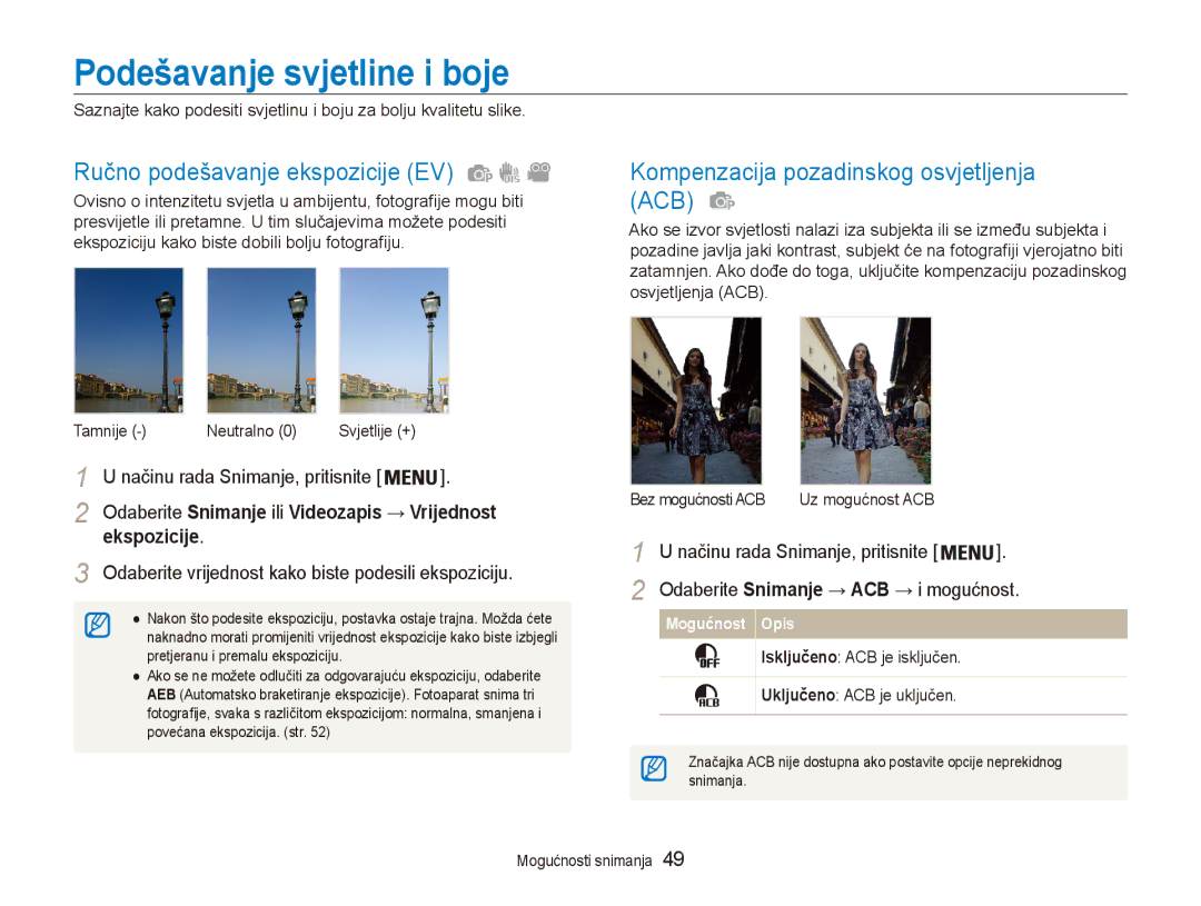 Samsung EC-ES90ZZBPBE3, EC-ES90ZZBPSE3 manual Podešavanje svjetline i boje, Ručno podešavanje ekspozicije EV, Ekspozicije 