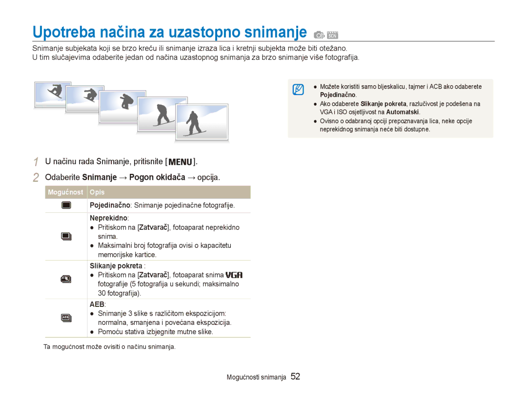 Samsung EC-ES90ZZBPSE3 Upotreba načina za uzastopno snimanje, Odaberite Snimanje → Pogon okidača → opcija, Neprekidno 