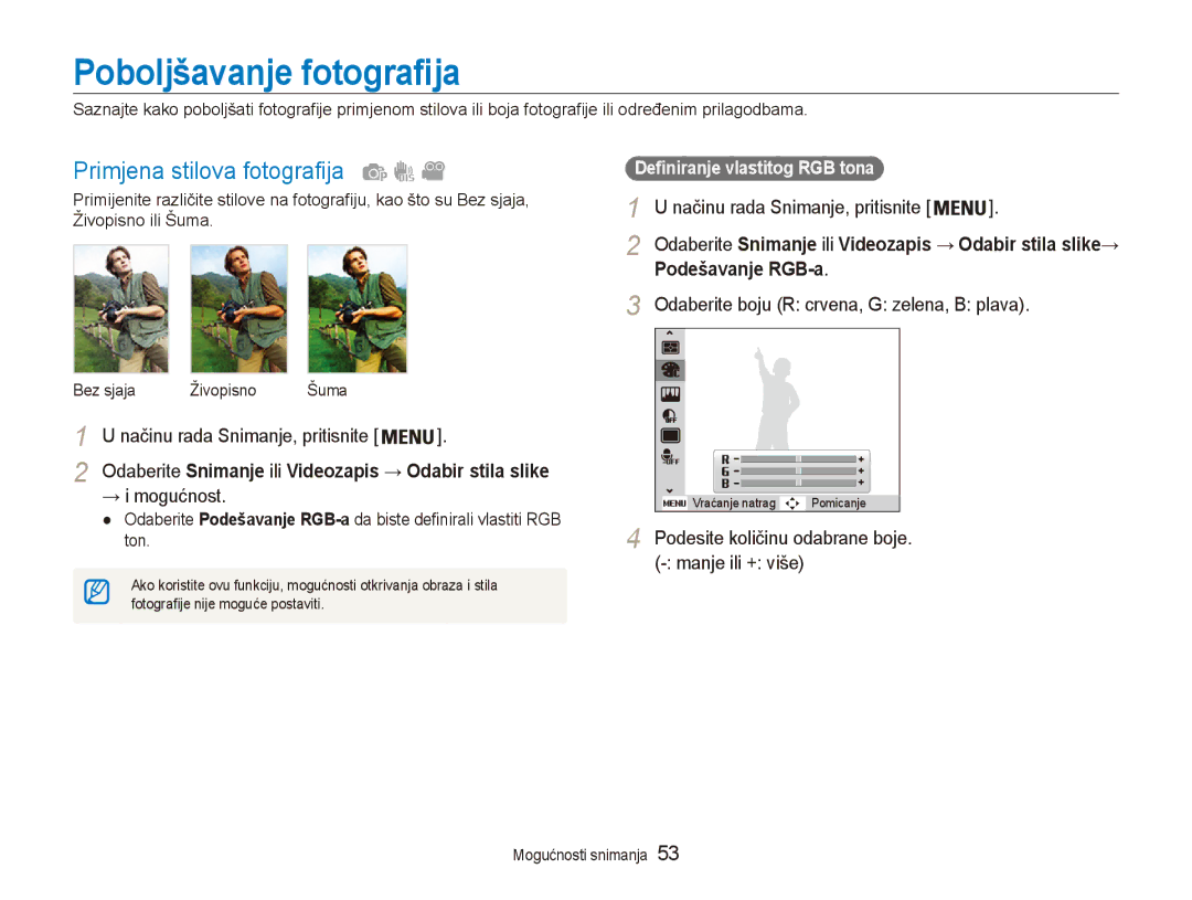 Samsung EC-ES90ZZBPBE3, EC-ES90ZZBPSE3 manual Poboljšavanje fotografija, Primjena stilova fotografija, Podešavanje RGB-a 