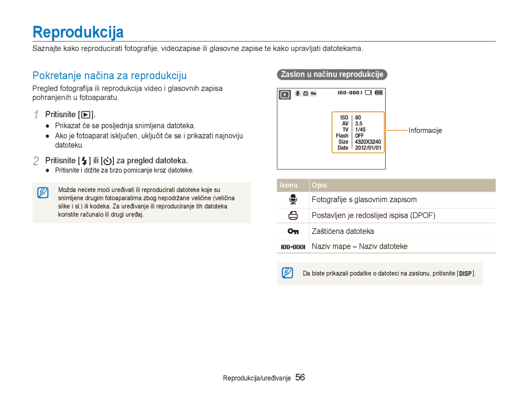 Samsung EC-ES90ZZBPSE3, EC-ES90ZZBPBE3 Reprodukcija, Pokretanje načina za reprodukciju, Pritisnite ili za pregled datoteka 