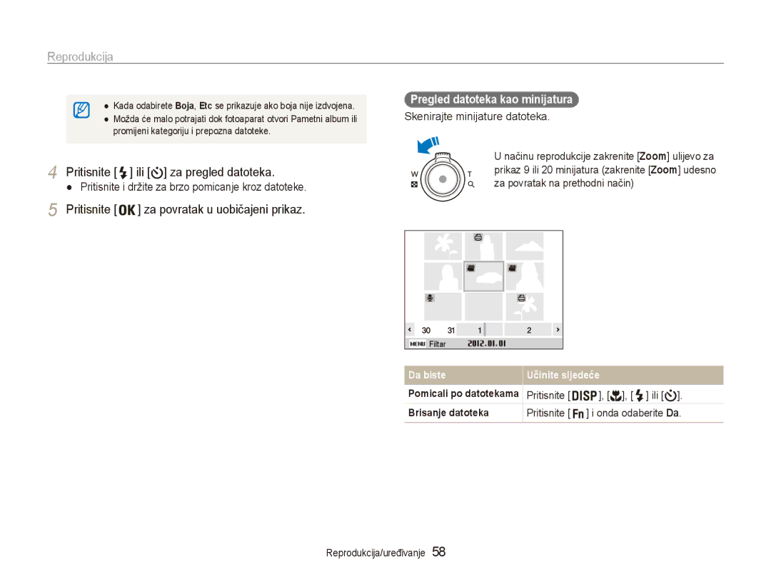 Samsung EC-ES90ZZBPSE3 manual Pritisnite i držite za brzo pomicanje kroz datoteke, Pregled datoteka kao minijatura 