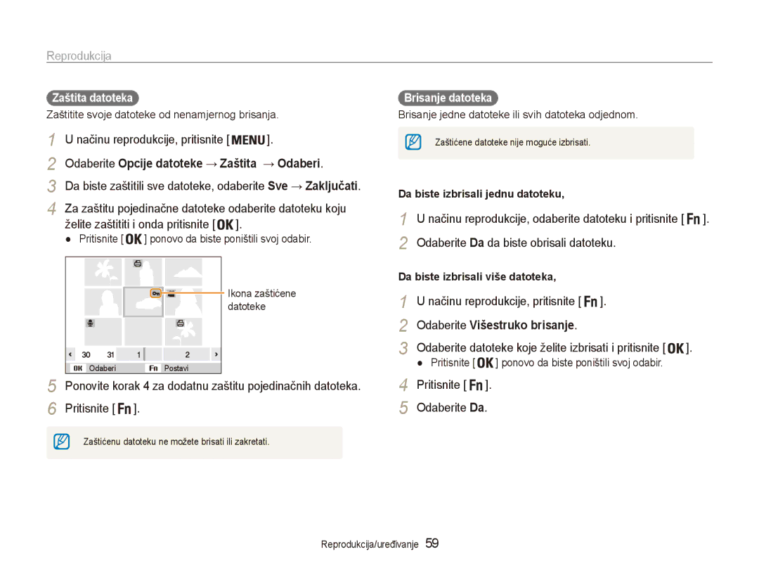 Samsung EC-ES90ZZBPBE3 manual Odaberite Opcije datoteke → Zaštita → Odaberi, Odaberite Da da biste obrisali datoteku 