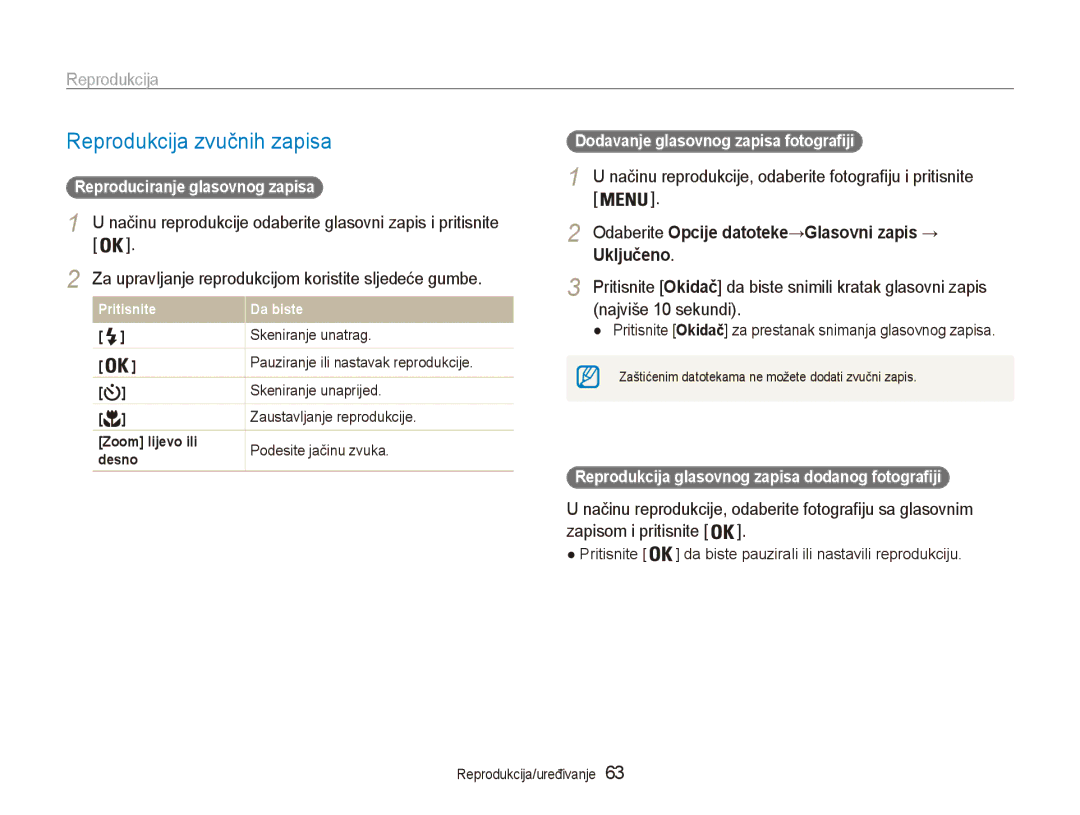 Samsung EC-ES90ZZBPBE3 manual Reprodukcija zvučnih zapisa, Načinu reprodukcije, odaberite fotografiju i pritisnite 