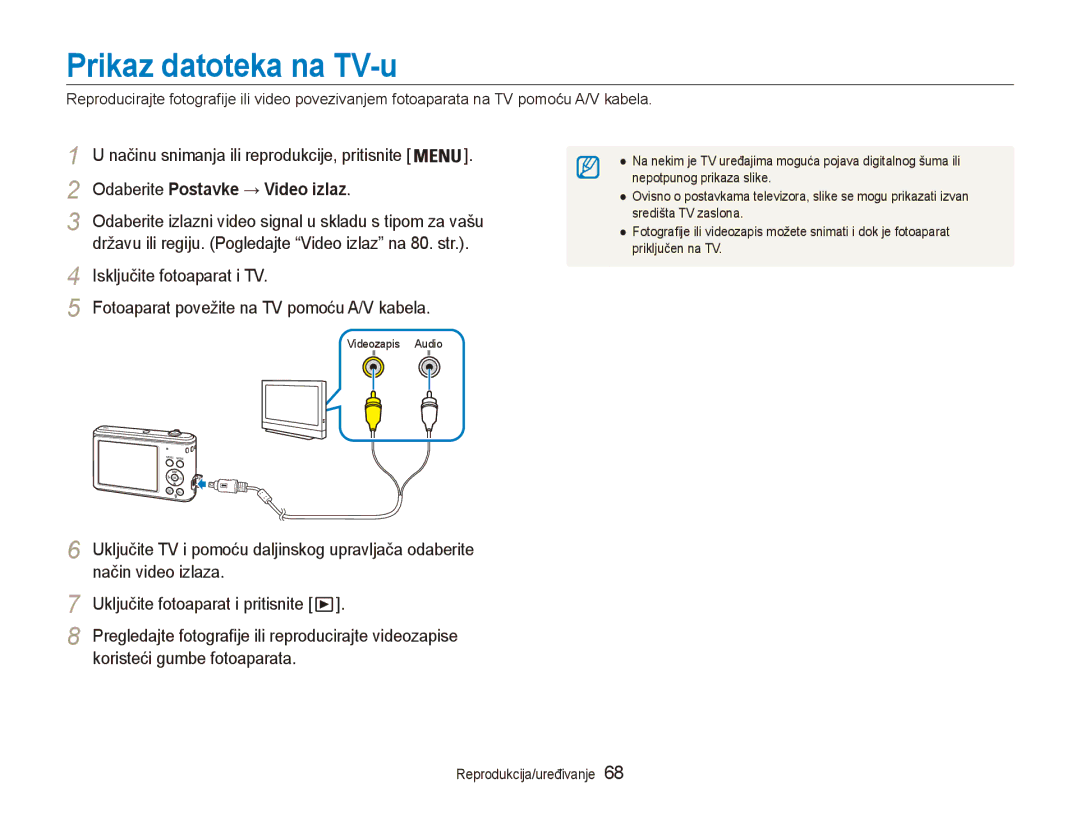 Samsung EC-ES90ZZBPSE3, EC-ES90ZZBPBE3 manual Prikaz datoteka na TV-u, Odaberite Postavke → Video izlaz, Način video izlaza 