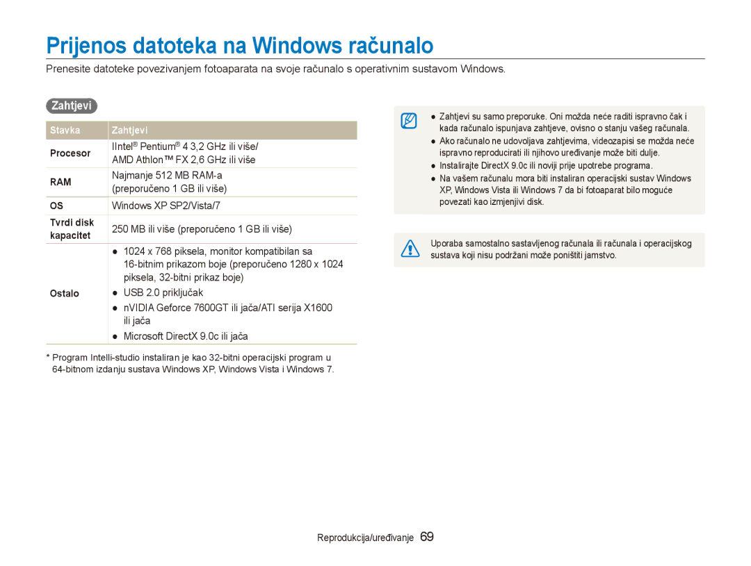 Samsung EC-ES90ZZBPBE3, EC-ES90ZZBPSE3 manual Prijenos datoteka na Windows računalo, Zahtjevi 