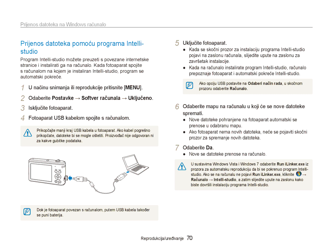 Samsung EC-ES90ZZBPSE3 manual Prijenos datoteka pomoću programa Intelli- studio, Prijenos datoteka na Windows računalo 