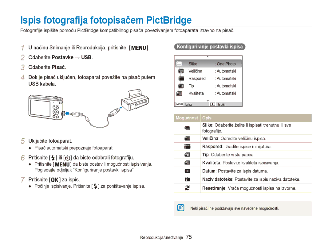 Samsung EC-ES90ZZBPBE3, EC-ES90ZZBPSE3 Ispis fotografija fotopisačem PictBridge, Odaberite Postavke → USB Odaberite Pisač 