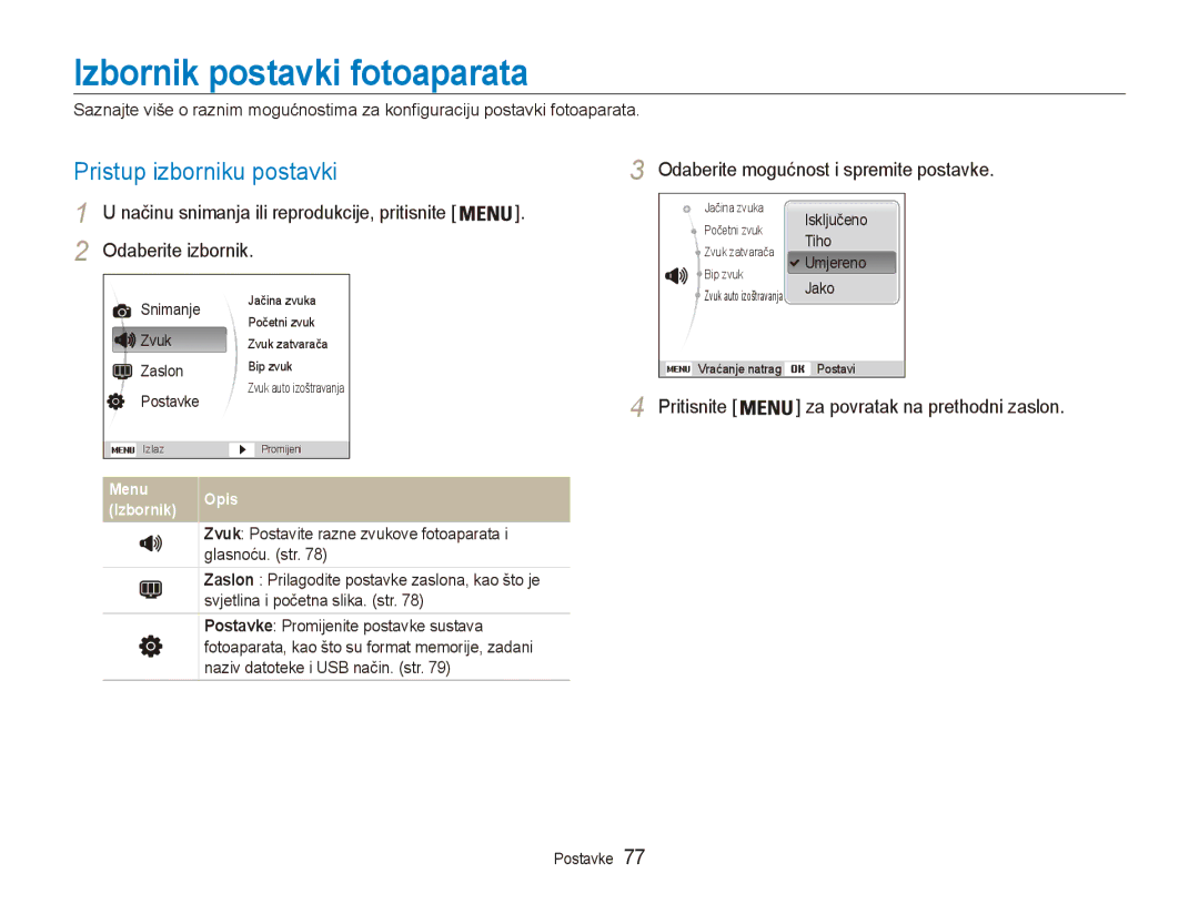 Samsung EC-ES90ZZBPBE3, EC-ES90ZZBPSE3 manual Izbornik postavki fotoaparata, Pristup izborniku postavki, Odaberite izbornik 