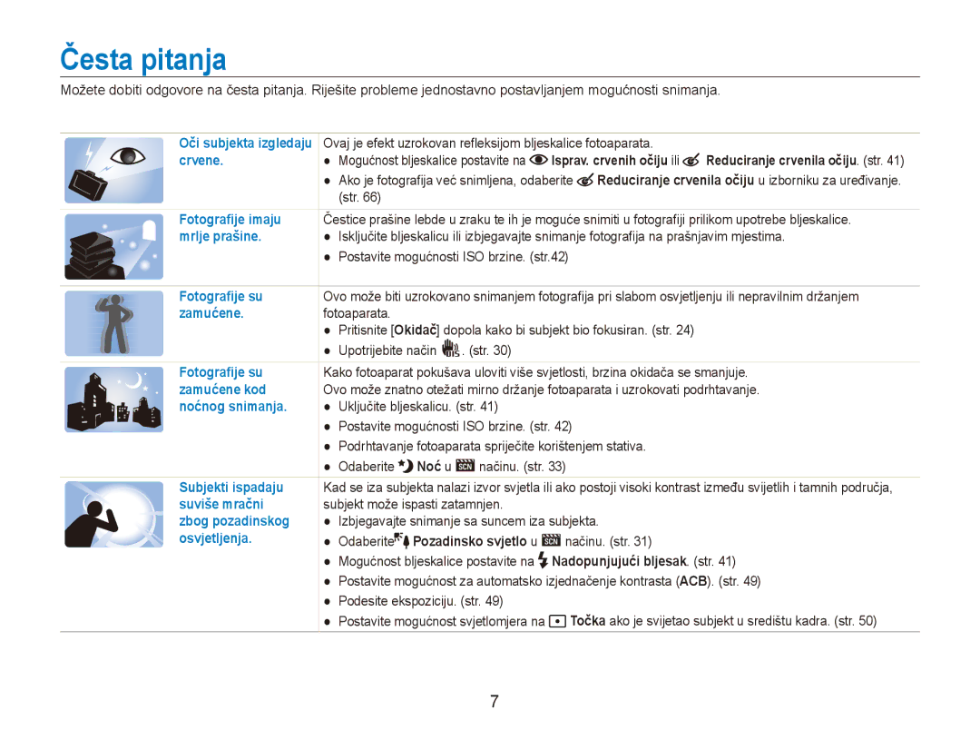 Samsung EC-ES90ZZBPBE3, EC-ES90ZZBPSE3 manual Česta pitanja, Noć u, Nadopunjujući bljesak. str 