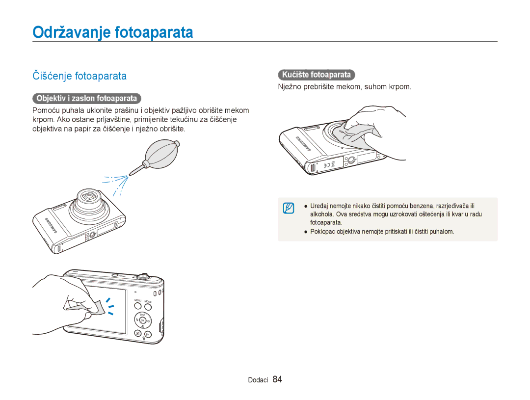 Samsung EC-ES90ZZBPSE3 Održavanje fotoaparata, Čišćenje fotoaparata, Objektiv i zaslon fotoaparata, Kućište fotoaparata 