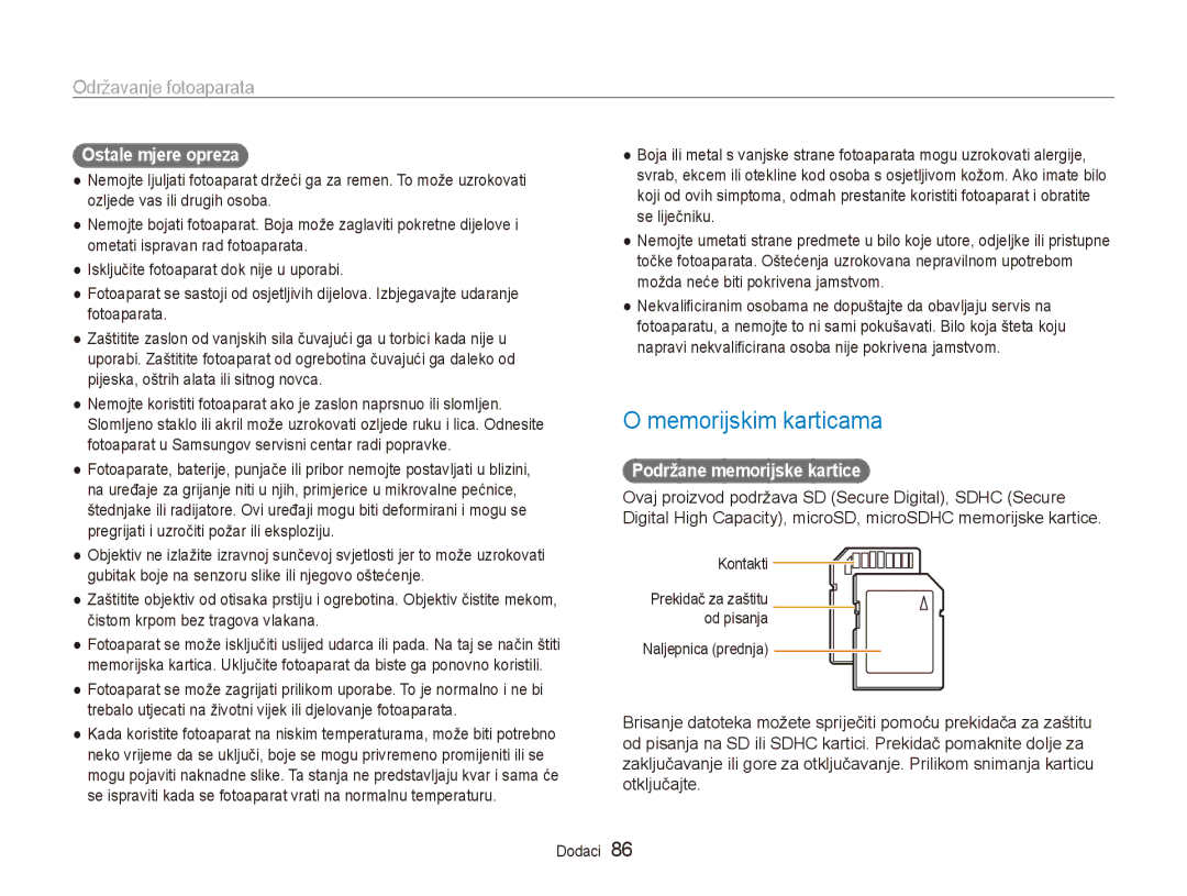 Samsung EC-ES90ZZBPSE3, EC-ES90ZZBPBE3 manual Memorijskim karticama, Ostale mjere opreza, Podržane memorijske kartice 