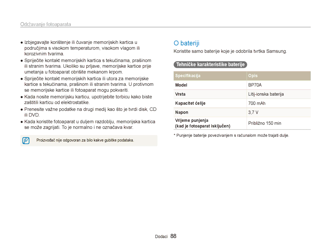 Samsung EC-ES90ZZBPSE3 manual Bateriji, Tehničke karakteristike baterije, Litij-ionska baterija, 700 mAh, Približno 150 min 