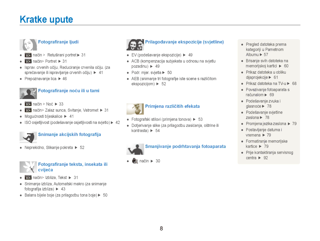 Samsung EC-ES90ZZBPSE3, EC-ES90ZZBPBE3 manual Kratke upute, Fotografiranje ljudi 