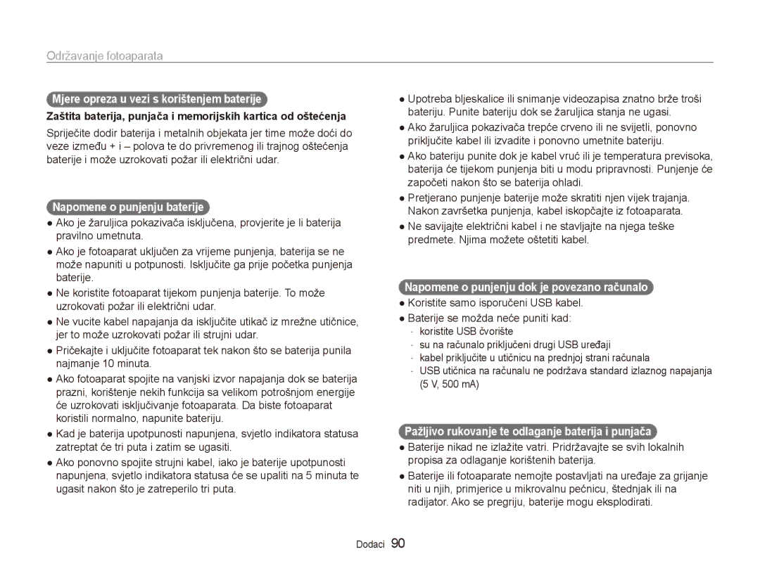 Samsung EC-ES90ZZBPSE3, EC-ES90ZZBPBE3 manual Mjere opreza u vezi s korištenjem baterije, Napomene o punjenju baterije 