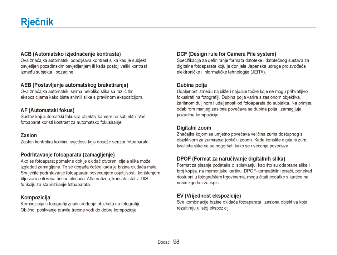 Samsung EC-ES90ZZBPSE3, EC-ES90ZZBPBE3 manual Rječnik 