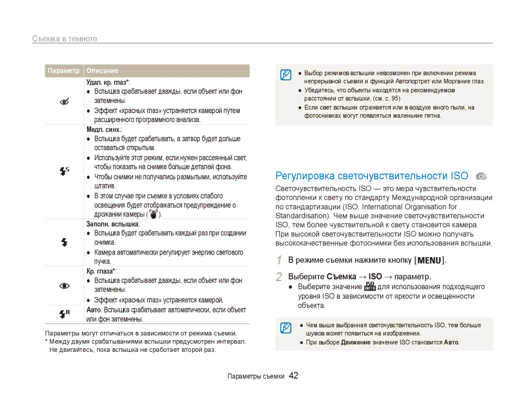 Samsung EC-ES90ZZBPBE2, EC-ES90ZZBPBRU, EC-ES90ZZBPSRU manual Регулировка светочувствительности ISO, Съемка в темноте 