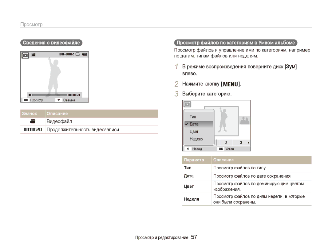 Samsung EC-ES90ZZBPBE2, EC-ES90ZZBPBRU manual Сведения о видеофайле, Просмотр файлов по категориям в Умном альбоме 