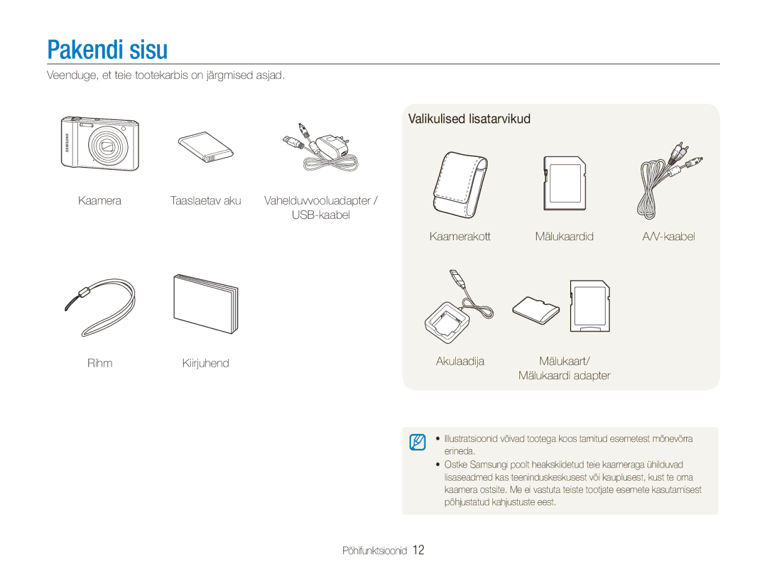 Samsung EC-ES90ZZBPBE2 manual Pakendi sisu, Valikulised lisatarvikud, Veenduge, et teie tootekarbis on järgmised asjad 