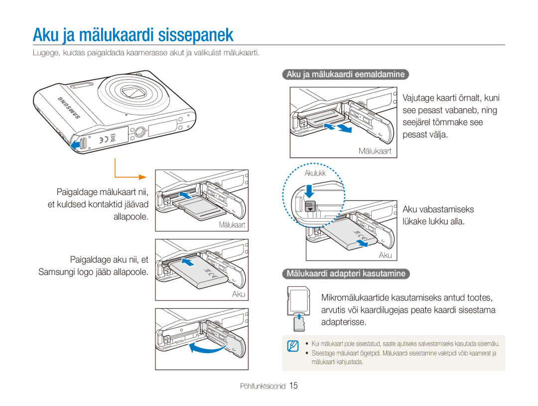 Samsung EC-ES90ZZBPSE2 manual Aku ja mälukaardi sissepanek, Samsungi logo jääb allapoole, Aku ja mälukaardi eemaldamine 