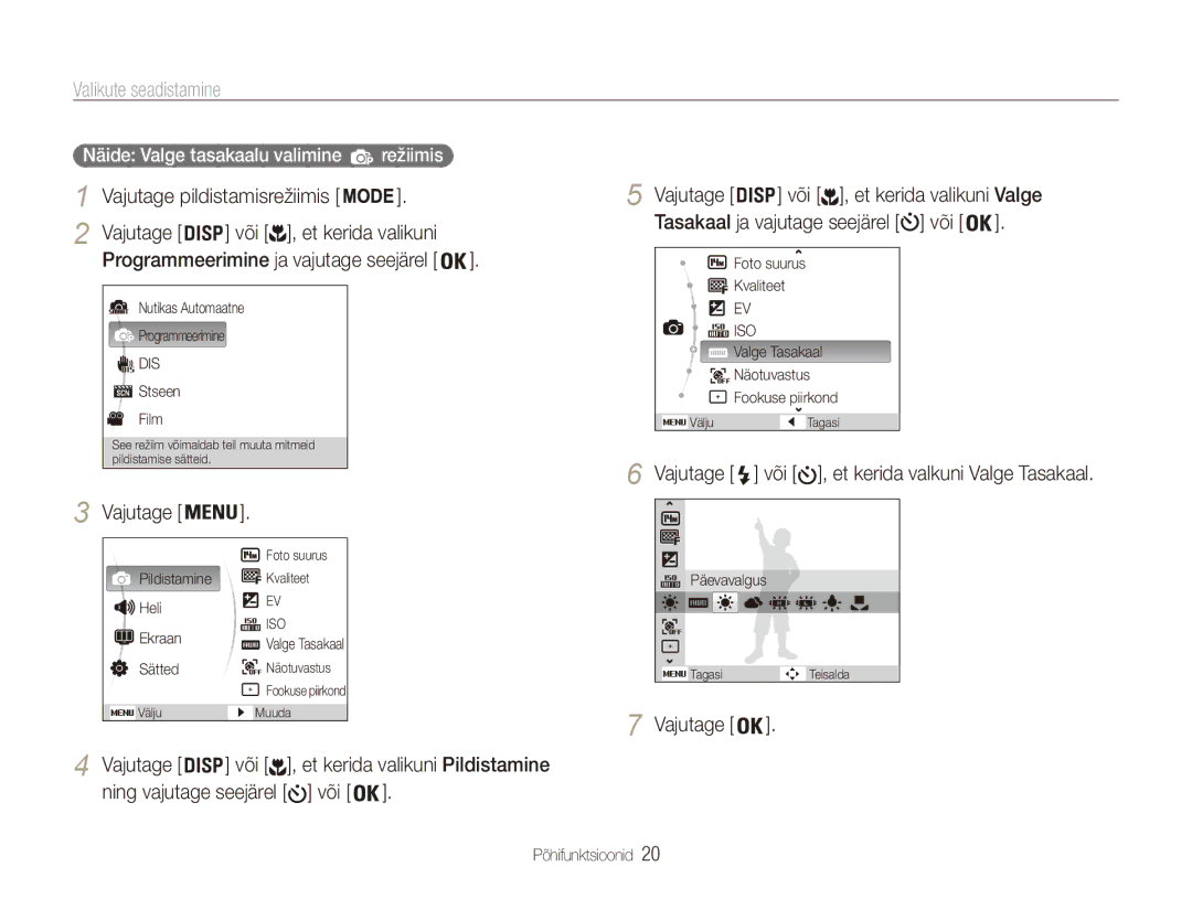 Samsung EC-ES90ZZBPBE2 manual Valikute seadistamine, Vajutage pildistamisrežiimis Või , et kerida valikuni, Režiimis 