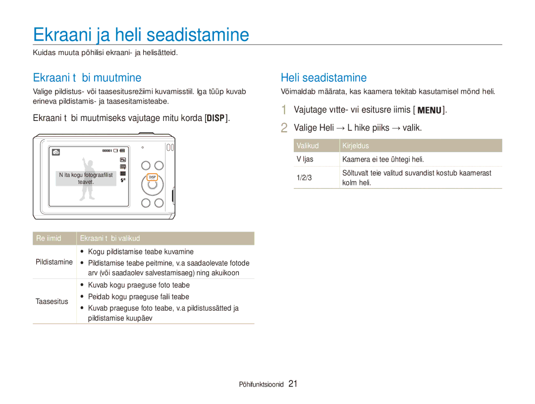 Samsung EC-ES90ZZBPSE2, EC-ES90ZZBPBE2 manual Ekraani ja heli seadistamine, Ekraani tüübi muutmine, Heli seadistamine 