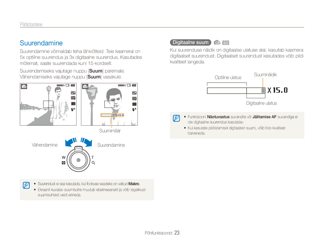 Samsung EC-ES90ZZBPSE2, EC-ES90ZZBPBE2 manual Pildistamine, Digitaalne suum, Suumimäär VähendamineSuurendamine 