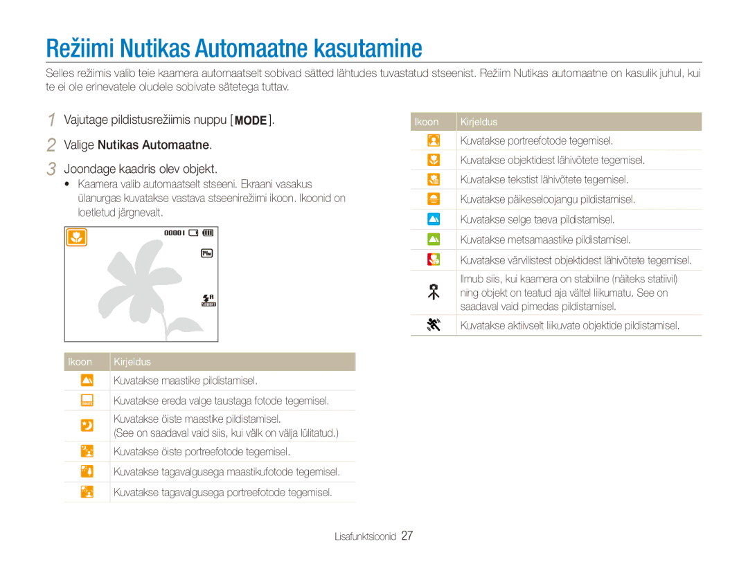 Samsung EC-ES90ZZBPSE2 manual Režiimi Nutikas Automaatne kasutamine, Valige Nutikas Automaatne Joondage kaadris olev objekt 