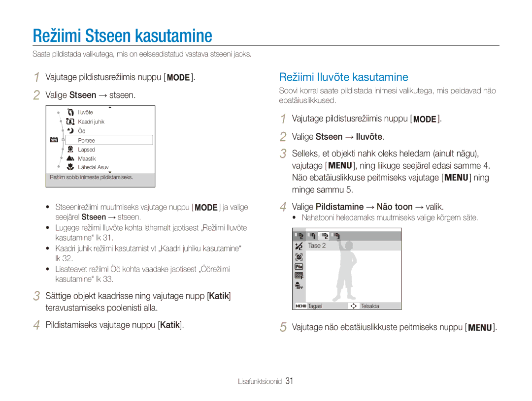 Samsung EC-ES90ZZBPSE2, EC-ES90ZZBPBE2 manual Režiimi Stseen kasutamine, Režiimi Iluvõte kasutamine, Valige Stseen → stseen 