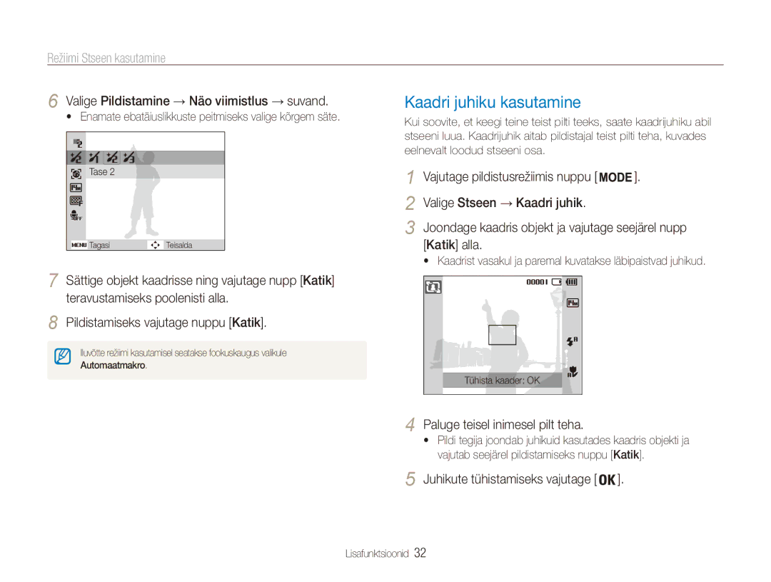 Samsung EC-ES90ZZBPBE2, EC-ES90ZZBPSE2 manual Kaadri juhiku kasutamine, Režiimi Stseen kasutamine 