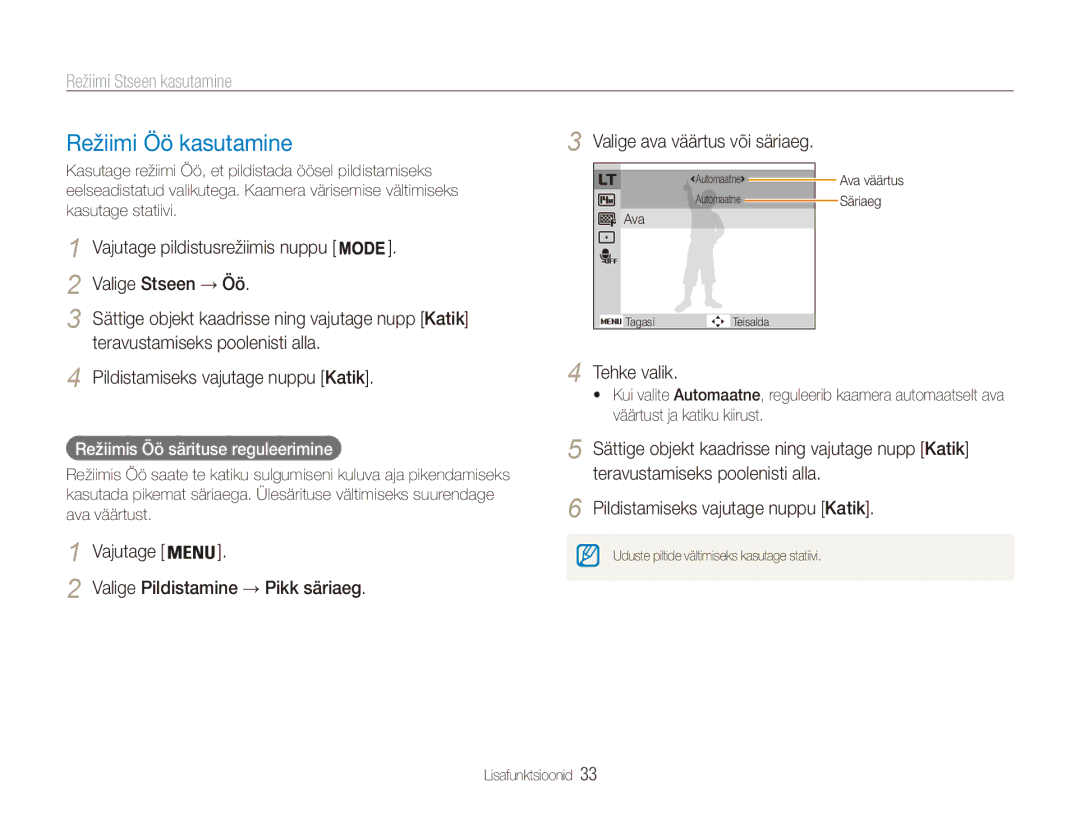 Samsung EC-ES90ZZBPSE2 manual Režiimi Öö kasutamine, Valige Stseen → Öö, Valige ava väärtus või säriaeg, Tehke valik 